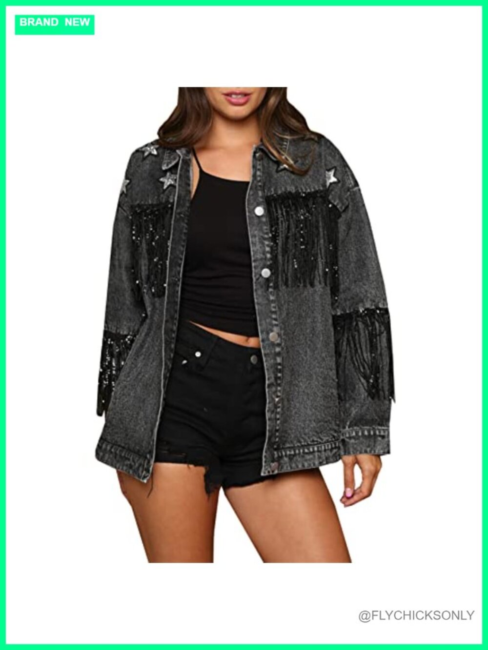 Oversized Fringe Denim Jacket Cotton Blend Boyfriend Jean Coat